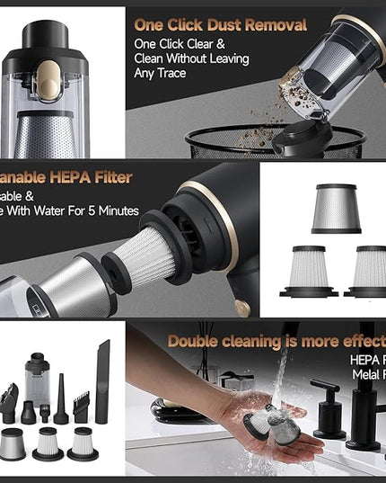 Car Vacuum Portable Cordless, Hand Vacuum with 16000PA High Power, 7 in 1 Mini Car Vacuum Cleaner with One-Click Empty, Dual Hepa Filter, LED Light, Type-C Charging Small Handheld Vac