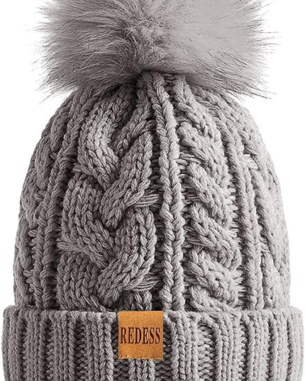 REDESS Women Winter Pompom Beanie Hat with Warm Fleece Lined, Thick Slouchy Snow Knit Skull Ski Cap