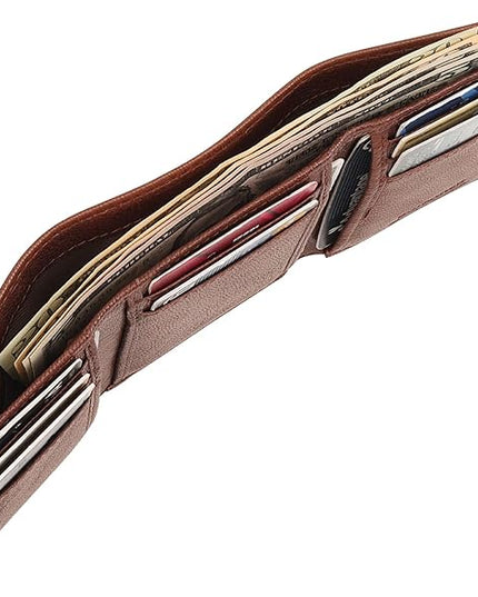BOTANNER Genuine Leather Trifold Wallet Men RFID Blocking 8 Credit Card Slots 1 Section for Bills 3 Hidden Pockets | Choco