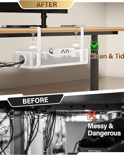 Under Desk Cable Management Large, Cinati 16" Cable Management Box for Table Thickness up to 3", Wire Cord Organizer with Clamp No Drill, No Damage to Desk (White)