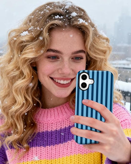 Magnetic for iPhone 16 Plus Case Cute Stripes Phone Case, Shockproof Slim TPU and Hard PC Protective Phone Cover Compatible with MagSafe Designed for Women Girls, Lake Blue