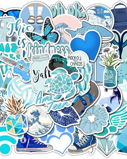 Girl's Blue Aesthetic Stickers - Waterproof Cute Stickers 50 PCS for Water Bottle, Laptop, Phone - Teens & Kids