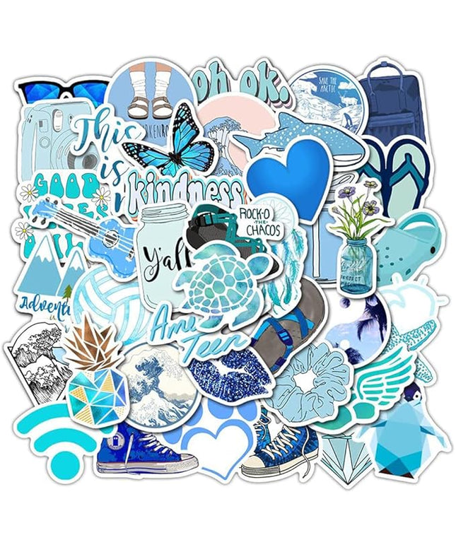 Girl's Blue Aesthetic Stickers - Waterproof Cute Stickers 50 PCS for Water Bottle, Laptop, Phone - Teens & Kids