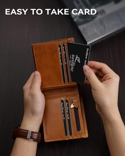 Swallowmall Mens Wallet Rfid Blocking Genuine Leather Bifold Wallets with 1 ID Window 15 Card Slots