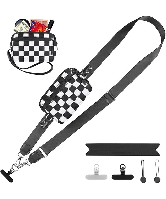 Clip and Go Strap for Phone with Wallet Crossbody, Adjustable Phone Lanyard with Detachable RFID Wristlet Wallet, Phone Strap with Phone Tabs for All Phones, Black Checkered (M)