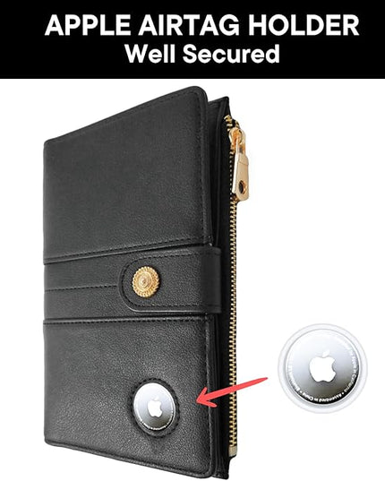 elzama Women's RFID Blocking Passport Wallet, Black with Airtag Holder, Includes Keychain & Pen Holder, Zippered, 11 Pockets, Faux Leather, Slim