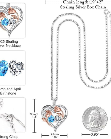 Iefil Christmas Gifts for Women Wife - 925 Sterling Silver Rose Heart Birthstone Necklace Birthday Anniversary Jewelry Gifts for Her Wife Mom Daughter