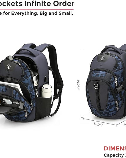 Swissdigital Design Laptop Backpack with USB Charging Port, Travel Backpack Fits 15.6 inches Computer, 31L College School Backpack for Men, Blue Camo | SD803-92