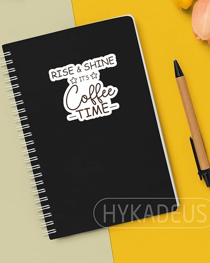 (3Pcs) Rise & Shine It’s Coffee Time Stickers Funny Coffee Quote Caffeine Humor Vinyl Decals for Laptop, Water Bottle, Mug, Planner, 3" x 2.5"