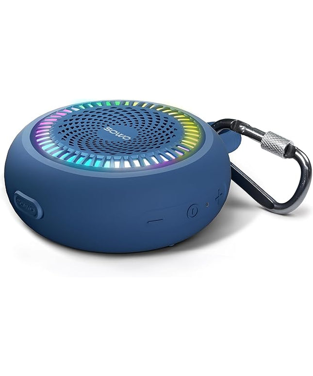 SOWO Shower Bluetooth Speaker Waterproof - Small Portable Wireless Clip Speaker with Louder Volume and Powerful Bass - Colorful Lights and 10H Playtime - Lightweight for Camping,Kayak,Boat - Blue