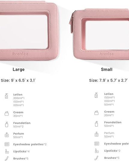 Aveniee Clear Makeup Bag Organizer Set,Portable Travel Toiletry Case for Women, Vegan Leather Cosmetic Pouch Car Bag for Essentials 2pcs,Middle & Large,Pink