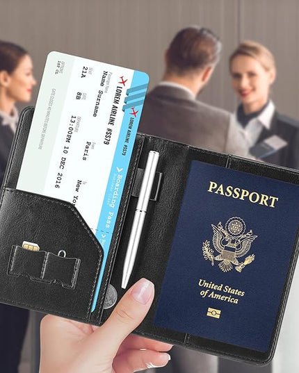 ACdream RFID BLOCKING Passport Holder Travel Wallet, Premium PU Leather Cover Passport Book with Card Holder, Pen Holder, Keep Organization, and Travel Essentials for Women and Men, Black