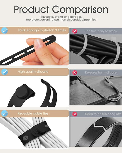 20Pcs Nearockle Silicone Cable Ties, 5.12 Inch Adjustable Cord Organizer Reusable Zip Ties for Charging Cords Earphone Computer Wire, Office Desk Cable Management Travel Accessories(Black)