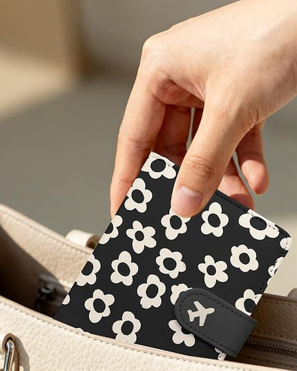 Passport Holder, Travel Wallet Cover with Pen Loop | Cute RFID Blocking Leather Case with Magnetic Closure for Travel Essentials-Flower