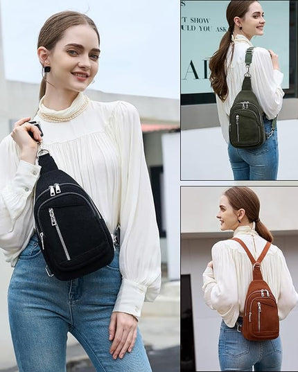 Sling Bag Crossbody Backpack - 2 in 1 Leather Cross Body Bag Fanny Pack with 2 Removable Straps