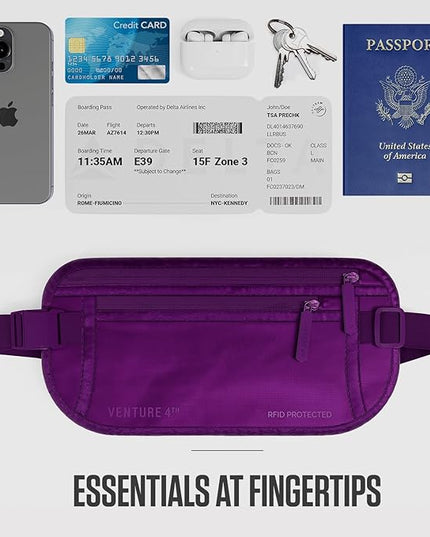 VENTURE 4TH Money Belt for Travel – Hidden Under-Clothes RFID Blocking Passport Holder & Slim Travel Wallet Pouch for Men & Women to Protect Cash, Cards & Documents (Sleek Purple)