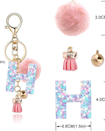 Resin Alphabet Initial Letter Keychain Keyring for Women Purse Handbags With Fur Ball Pom