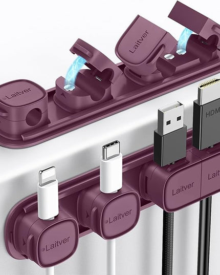 6 Pack Magnetic Cable Clips [1s Open/Lock], Laitver Cord Organizer Holder Strong Adhesive Desk Cable Management- Organize Charging Cords Neatly for Home, Office, Car,Desk, Nightstand-Dark Purple