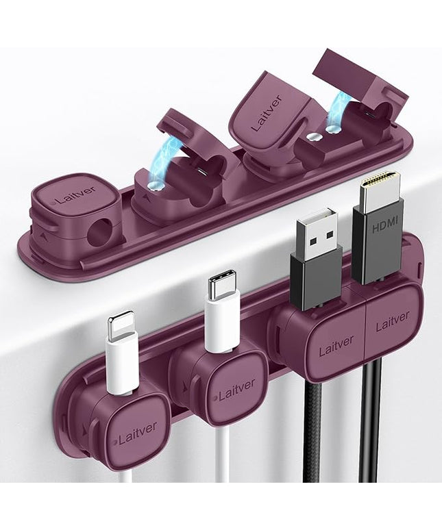 6 Pack Magnetic Cable Clips [1s Open/Lock], Laitver Cord Organizer Holder Strong Adhesive Desk Cable Management- Organize Charging Cords Neatly for Home, Office, Car,Desk, Nightstand-Dark Purple