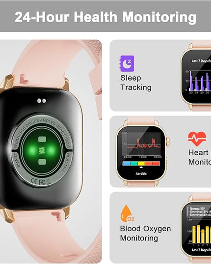 Smart Watches for Men Women, 1.85'' AMOLED HD Fitness Tracker with 100+ Sports Modes, Smartwatches with Bluetooth Call/Heart Rate/Sleep Monitor/Pedometer, IP68 Waterproof Watch for Swimming, Gold