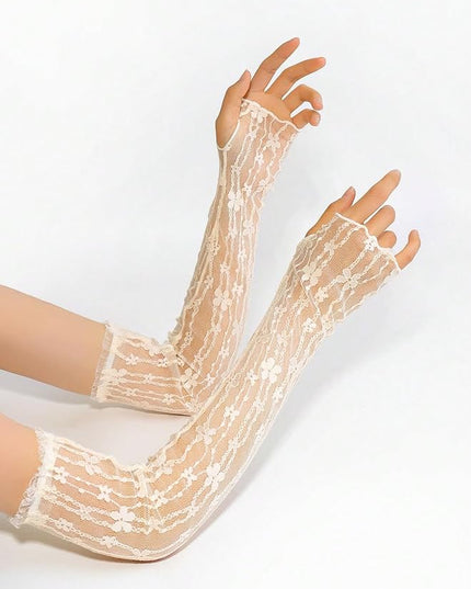 SHENHE Women's Sheer Lace Tulle Gloves Fingerless Elbow Length Arm Sleeves Mittens