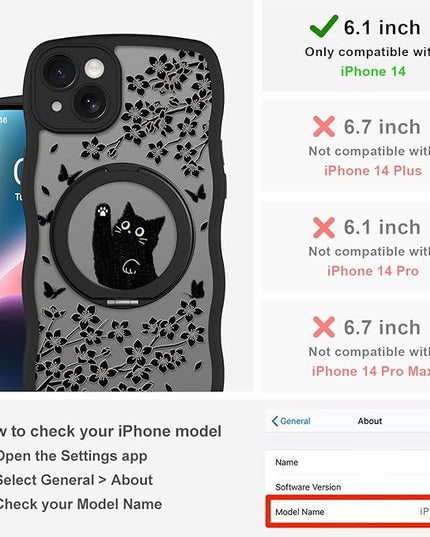 Wavy Case for iPhone 14 Case with Stand [Compatible with MagSafe] Cute Black Cat & Floral & Butterflies Pattern Design, Kawaii 360 Magnetic Ring Kickstand Phone Cover for Women Girls
