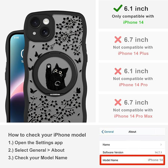Wavy Case for iPhone 14 Case with Stand [Compatible with MagSafe] Cute Black Cat & Floral & Butterflies Pattern Design, Kawaii 360 Magnetic Ring Kickstand Phone Cover for Women Girls