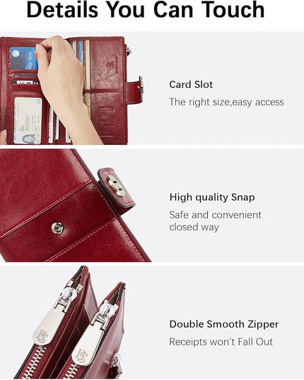 BOSTANTEN Womens Wallet Leather RFID Blocking Card Holder Large Capacity Bifold Clutch Purse with Double Zipper Pockets