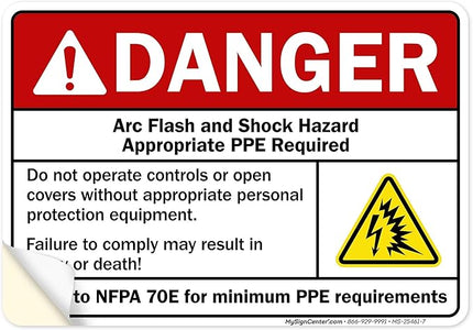Danger Arc Flash And Shock Hazard Appropriate PPE Required Sign, 10x7 Inches, 4 Mil Vinyl Decal Stickers Weather Resistant, Made in USA by My Sign Center