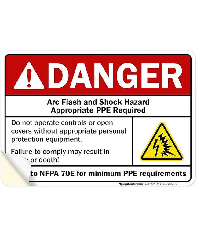 Danger Arc Flash And Shock Hazard Appropriate PPE Required Sign, 10x7 Inches, 4 Mil Vinyl Decal Stickers Weather Resistant, Made in USA by My Sign Center