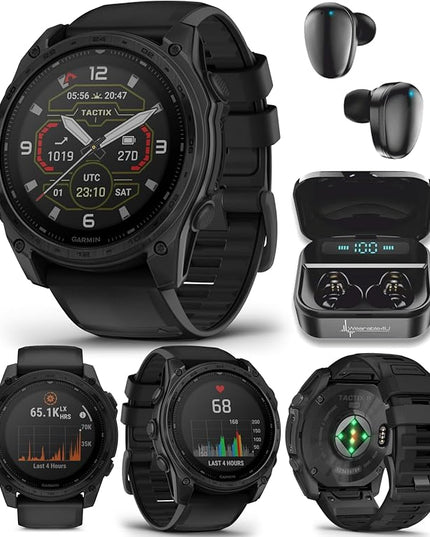 Garmin Tactix 8 51mm Solar Charged Display, Titanium Bezel, Sapphire Lens, Premium Tactical GPS Smartwatch, Includes Applied Ballistics Ultralight Solver, 40 M Dive Rating w/Wearable4U Earbuds Bundle