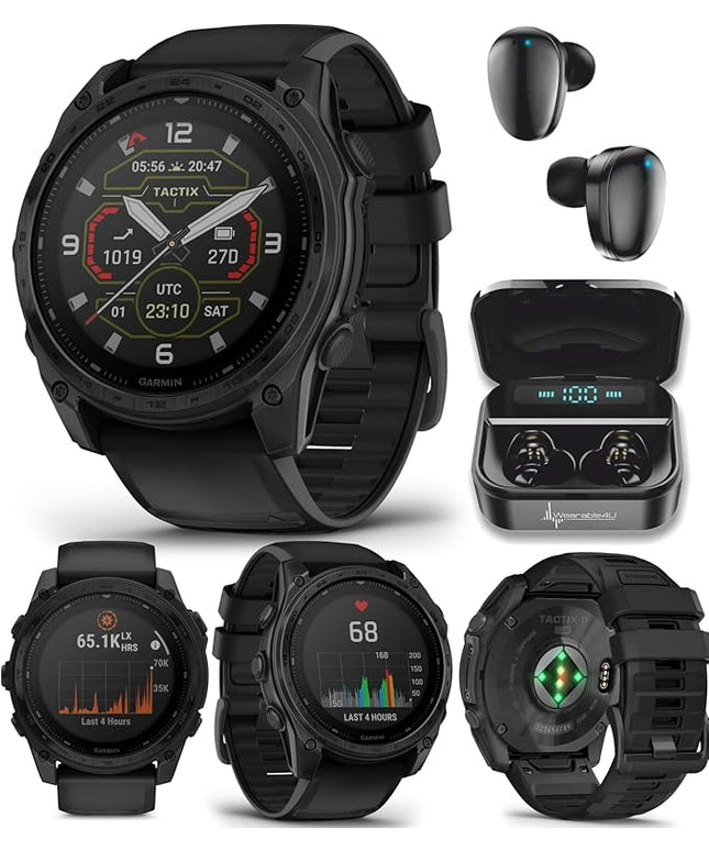 Garmin Tactix 8 51mm Solar Charged Display, Titanium Bezel, Sapphire Lens, Premium Tactical GPS Smartwatch, Includes Applied Ballistics Ultralight Solver, 40 M Dive Rating w/Wearable4U Earbuds Bundle