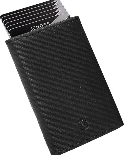 Jenoss Smart Wallet For Men: Full Grain Leather, Handcrafted, Slide Metal Pop Up Case, Slim RFID Blocking Credit Card Holder, Minimalist, Compact - 9-12 Card Organizers | ID | Money Clip (Carbon)