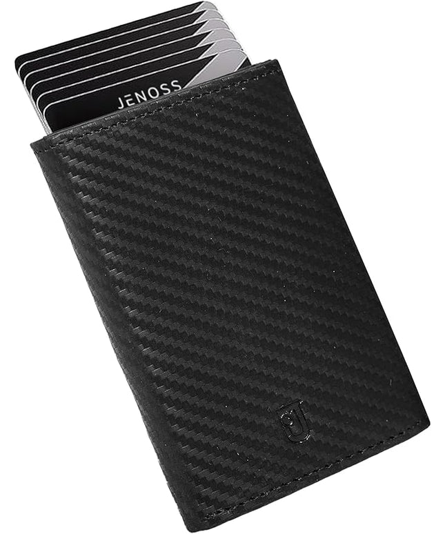 Jenoss Smart Wallet For Men: Full Grain Leather, Handcrafted, Slide Metal Pop Up Case, Slim RFID Blocking Credit Card Holder, Minimalist, Compact - 9-12 Card Organizers | ID | Money Clip (Carbon)