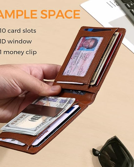 RUNBOX Slim Money Clip Wallets for Men RFID Blocking 11 Card Holder Minimalist Small Leather Bifold Men's Front Pocket Wallet Gift Box