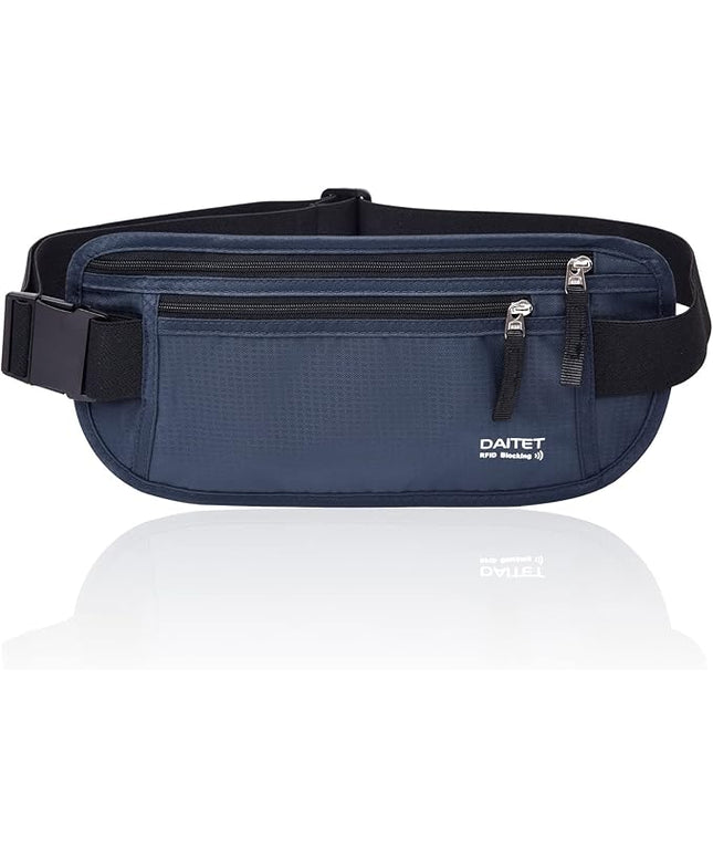 RFID Blocking Money Belt for Men Women, Slim Fanny Pack for Travel，Running,Conceal Waist Wallet for Passport Holder,Phone,Cash(Black Dark Blue)