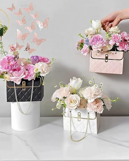 JHXTZ 10 Pack Flower Paper Gift Bags with 12pcs Rose Gold 3D Butterfly Decoration, Portable Floral Handbag Box with Metal Chain, Florist Carrier for Valentine's Day Birthday Gifts (Pink)