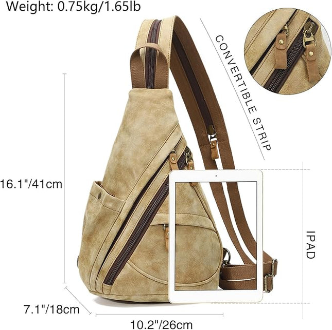 KL928 PU Leather Sling Bag - Small Crossbody Backpack Shoulder Casual Daypack Rucksack for Men Women(Light Coffee)