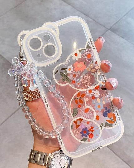 for iPhone 16 Pro Max Case Clear Cute Flower Bear with Pearl Chain for Girls with Bear Ears Soft TPU Shockproof Protective Girly -Flower Bear