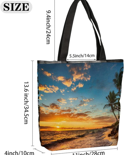 Pardick Palm Tree Beach Print Canvas Tote Bag, Eco Friendly Reusable Grocery Shopping Bags Beach Bag Book Tote Handbags Washable Shoulder Bag With Zipper Inner Pocket for Women Girls