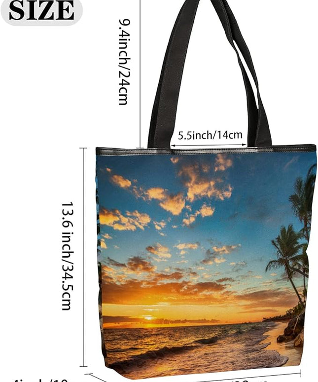Pardick Palm Tree Beach Print Canvas Tote Bag, Eco Friendly Reusable Grocery Shopping Bags Beach Bag Book Tote Handbags Washable Shoulder Bag With Zipper Inner Pocket for Women Girls