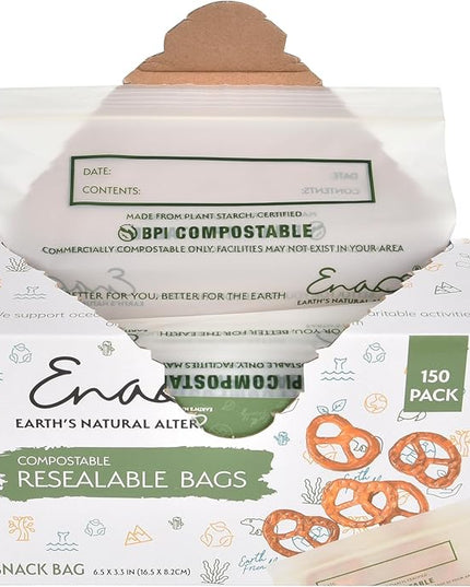 100% Compostable Food Storage Bags [Snack 150 Pack] Eco-Friendly Freezer Bags, Resealable Bags, Heavy-Duty, Reusable, Off-White by Earth's Natural Alternative