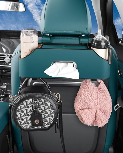 Car Seat Back Organizer - Stylish & Functional Storage for Family Adventures - Cup Holders, Tissue Box & Hooks - Perfect for Kids, Road Trips & Travel (Navy Blue)