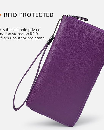 Bveyzi Women RFID Blocking Wallet Leather Zip Around Phone Clutch Large Capacity Ladies Travel Purse Wristlet | RFID Blocking, Zip Around, Large Capacity