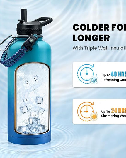 Insulated Water Bottle 87 oz, Triple Wall Vacuum Stainless Steel (Cold for 48 Hrs), Leak Proof & Non-BPA, Modern Water Flask Jug with Paracord Handle & Straw Spout Lids, Cyan Blue