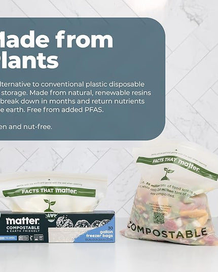 Matter Compostable Gallon Freezer Bags for Food Storage, Eco-Friendly, Resealable, Food Storage Bags, 30 Count