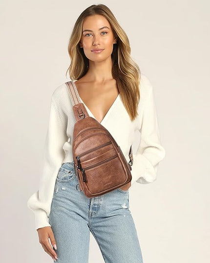 Sling Bag for Women Crossbody Bags Fanny Packs Over Shoulder Bag Sling Purse Backpack Vegan Leather Travel Brown