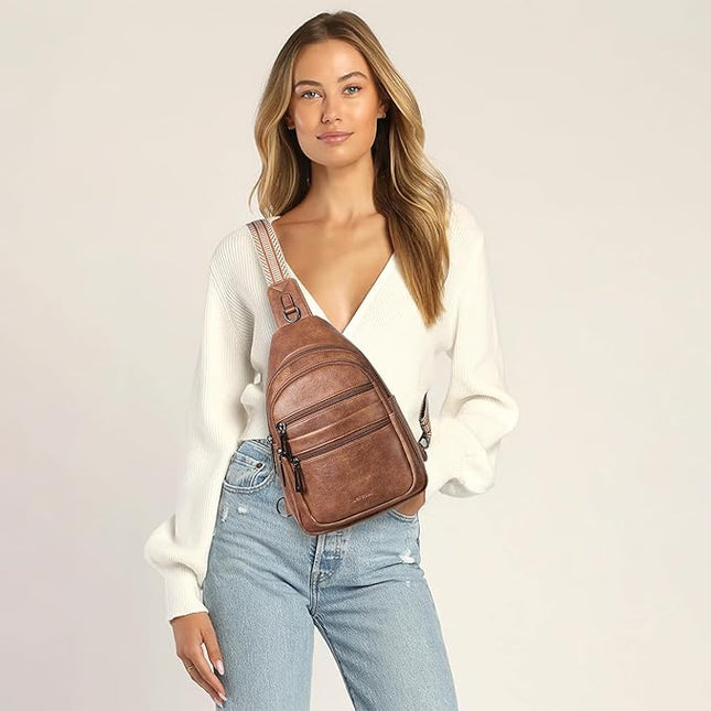 Sling Bag for Women Crossbody Bags Fanny Packs Over Shoulder Bag Sling Purse Backpack Vegan Leather Travel Brown