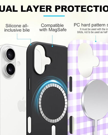 Magnetic for iPhone 16 Case Cute Checkered Stripes Phone Case for Women Girls, Shockproof Slim TPU and Hard PC Protective Phone Cover Compatible with MagSafe Designed, Purple