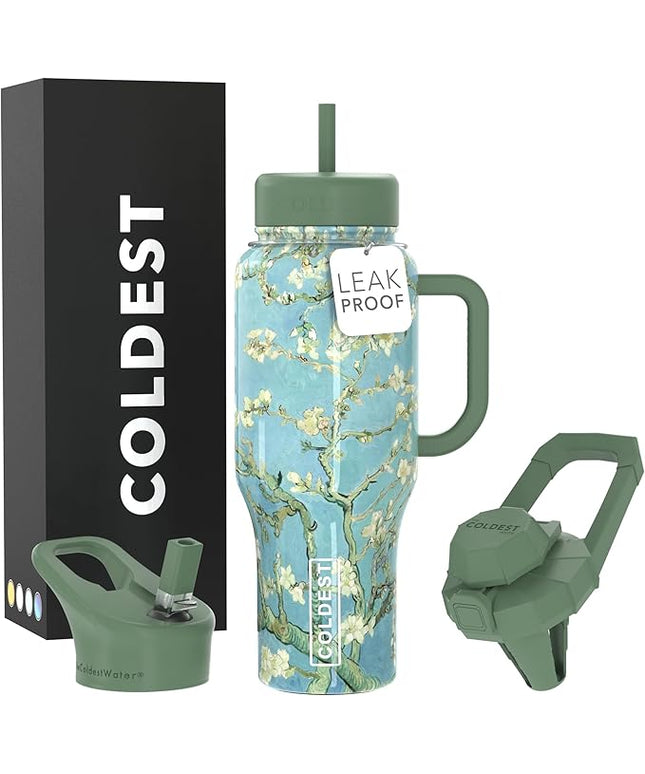 Coldest Tumbler with Handle and Straw - 100% Spill Proof Tumbler with Straw (3 Lids) - Stainless Steel Insulated Leakproof Tumblers for Women & Men - 36 oz (Almond Blossom)